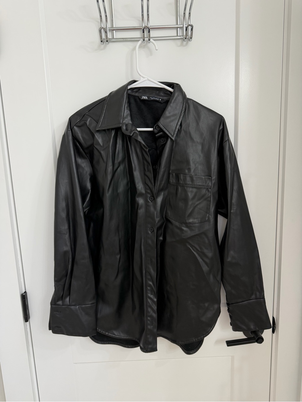 Zara Black Faux Leather Shirt-Jacket with Chest Pocket